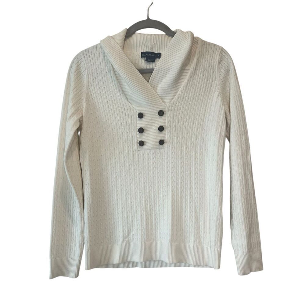 Karen Scott Women Small Shawl Collar Sweater White Pullover Cable Knit